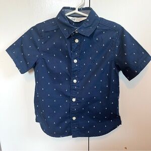 H&M Boys Size 1.5-2T Cotton Navy Blue Patterned Anchors Shirt Short Sleeve